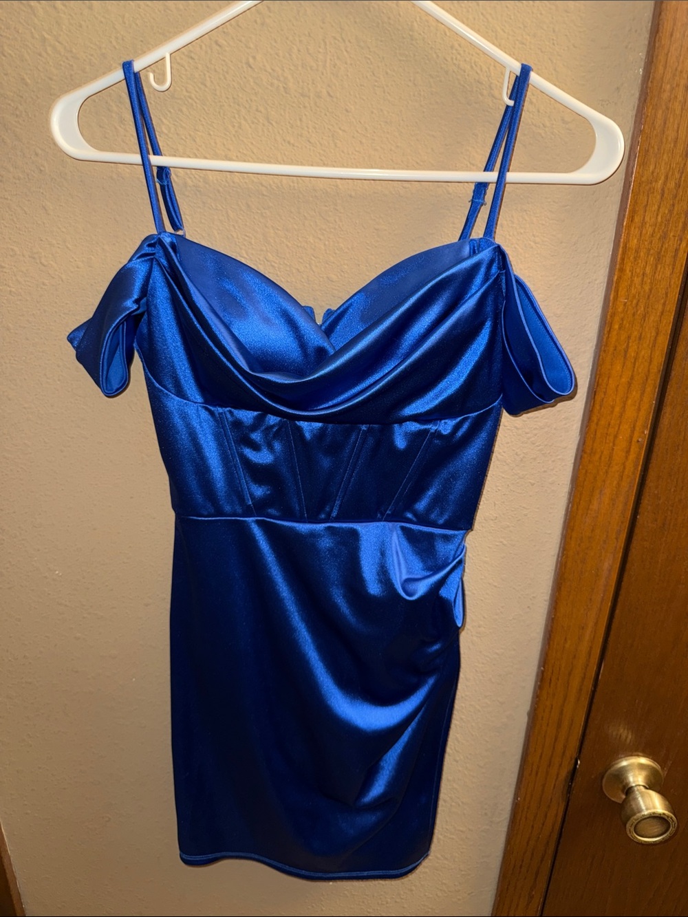 B. Smart Satin Off-Shoulder Mini Dress in Royal Blue